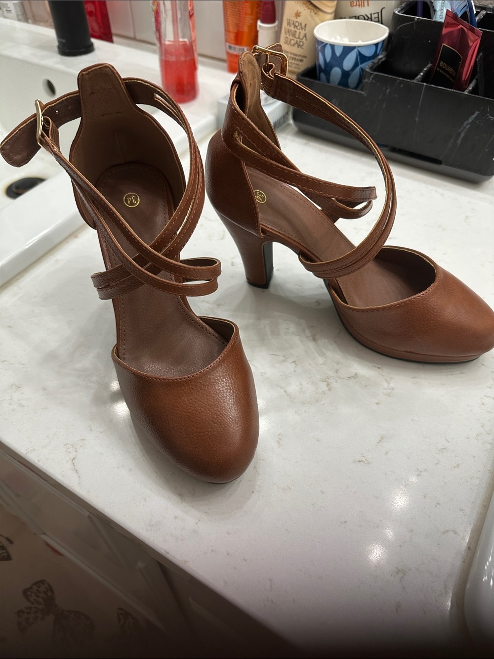 SHEIN Brown Strappy Mid Heel Pumps